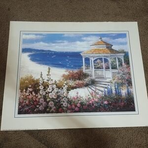 Seaside Gazebo Art Print with Floral Accents